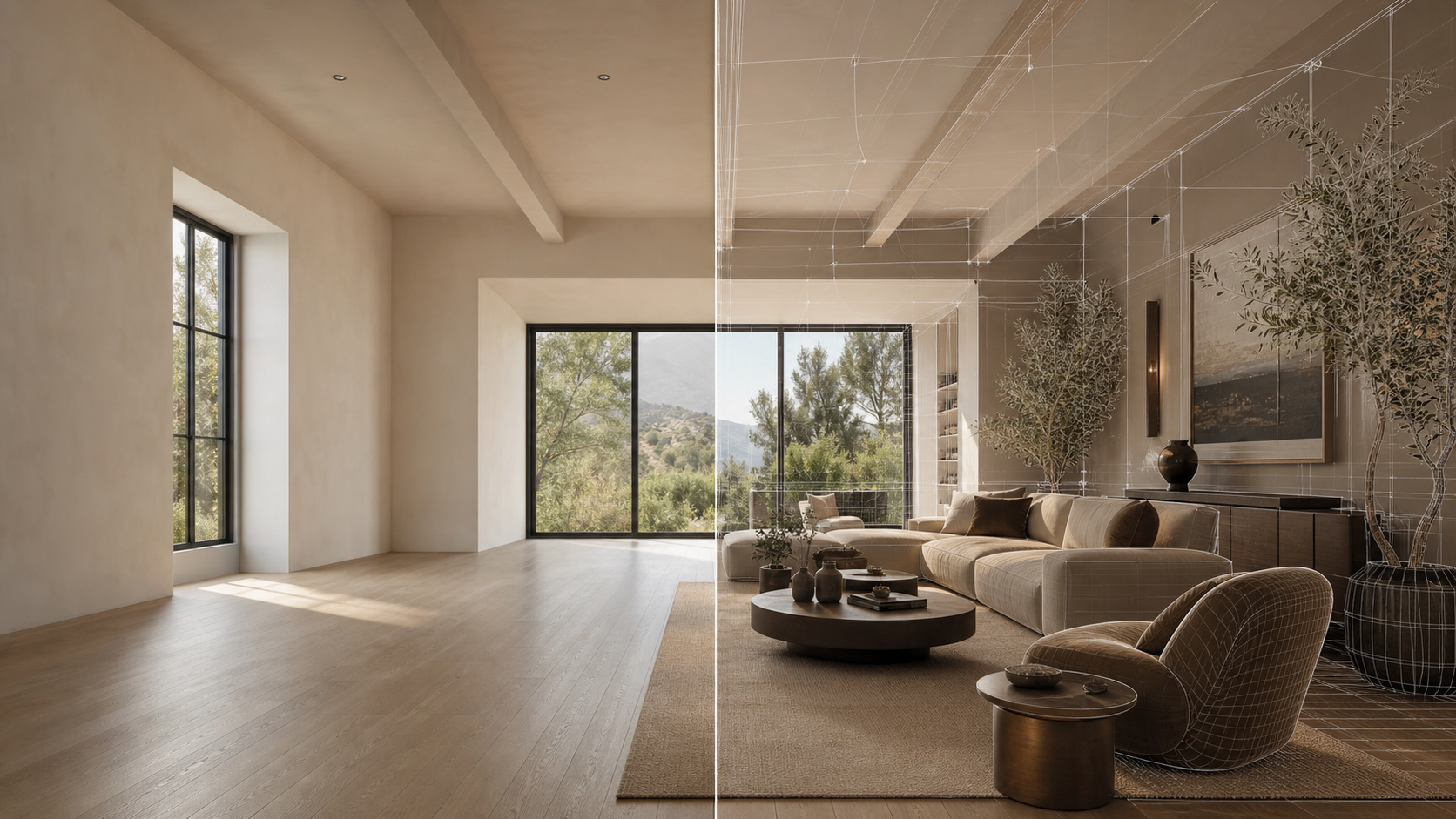 An empty room transitions into a furnished virtual-staging concept with architectural mesh lines