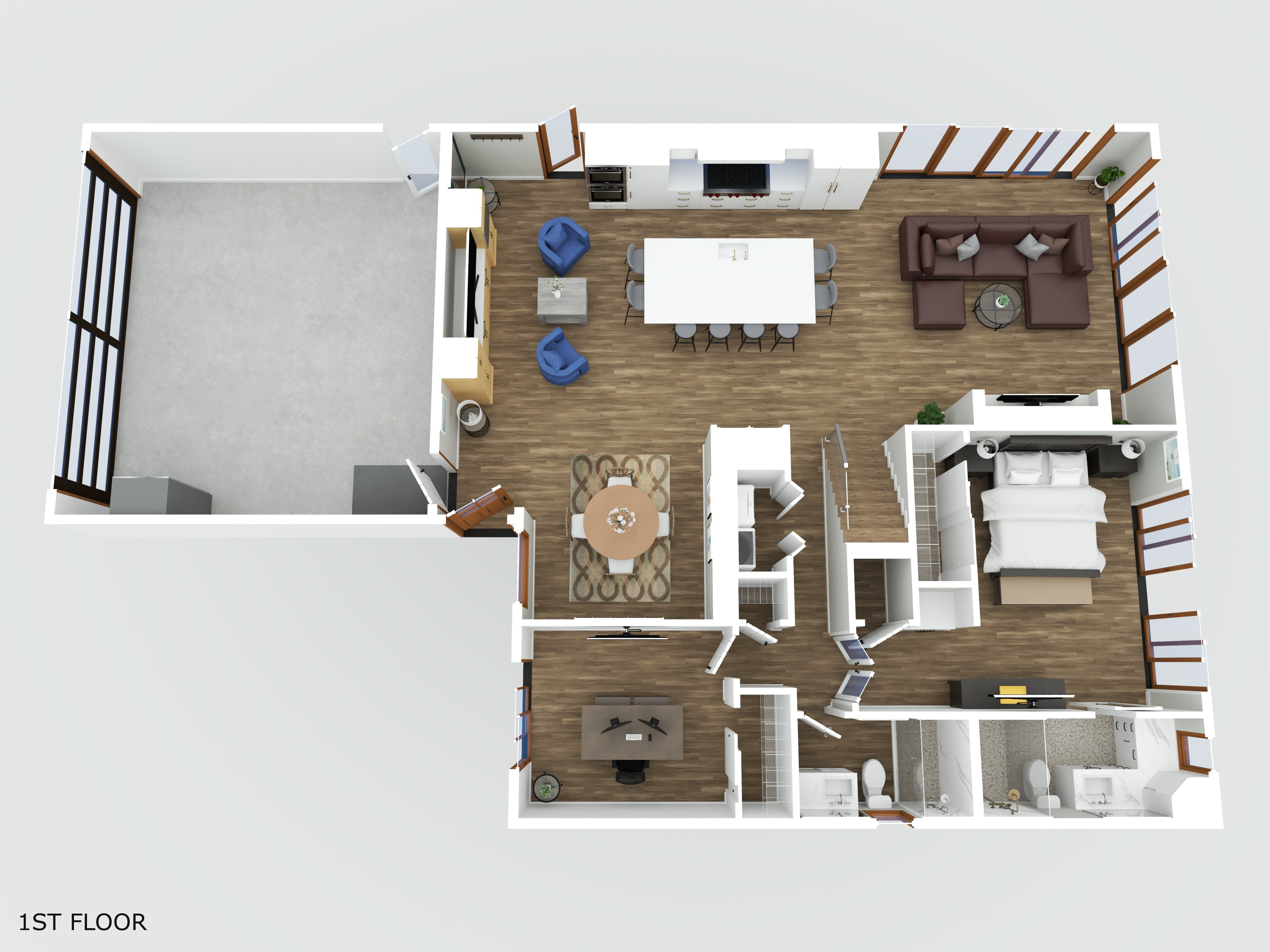Rendered 3D floor plan showing rooms, furniture, and circulation.