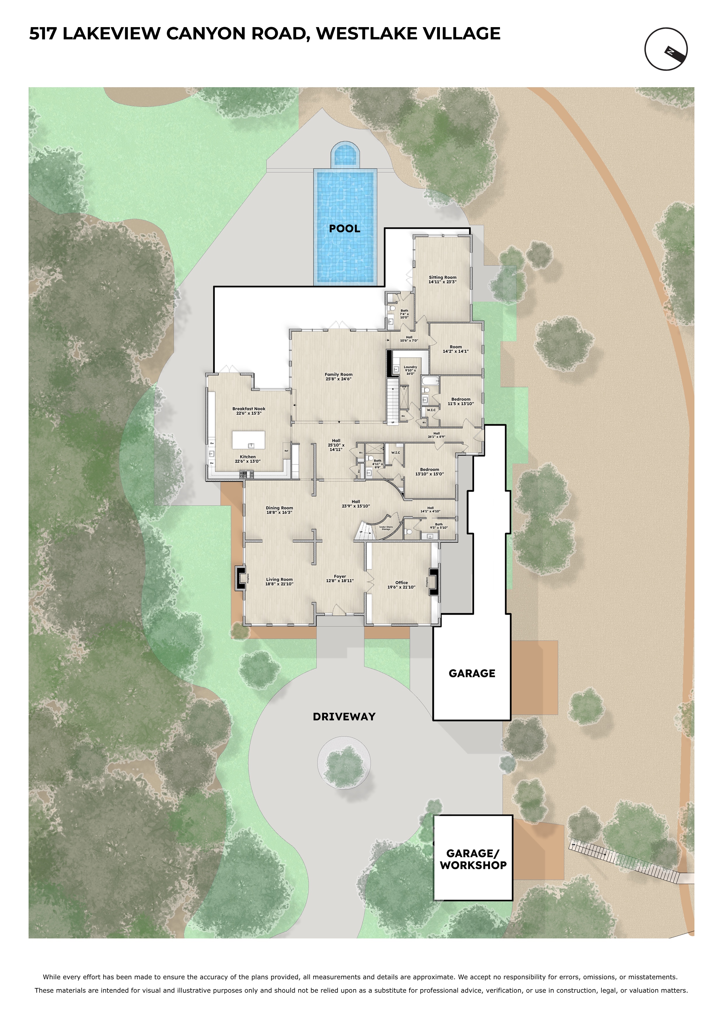 Illustrated site plan showing a home, pool, landscape, and driveway.