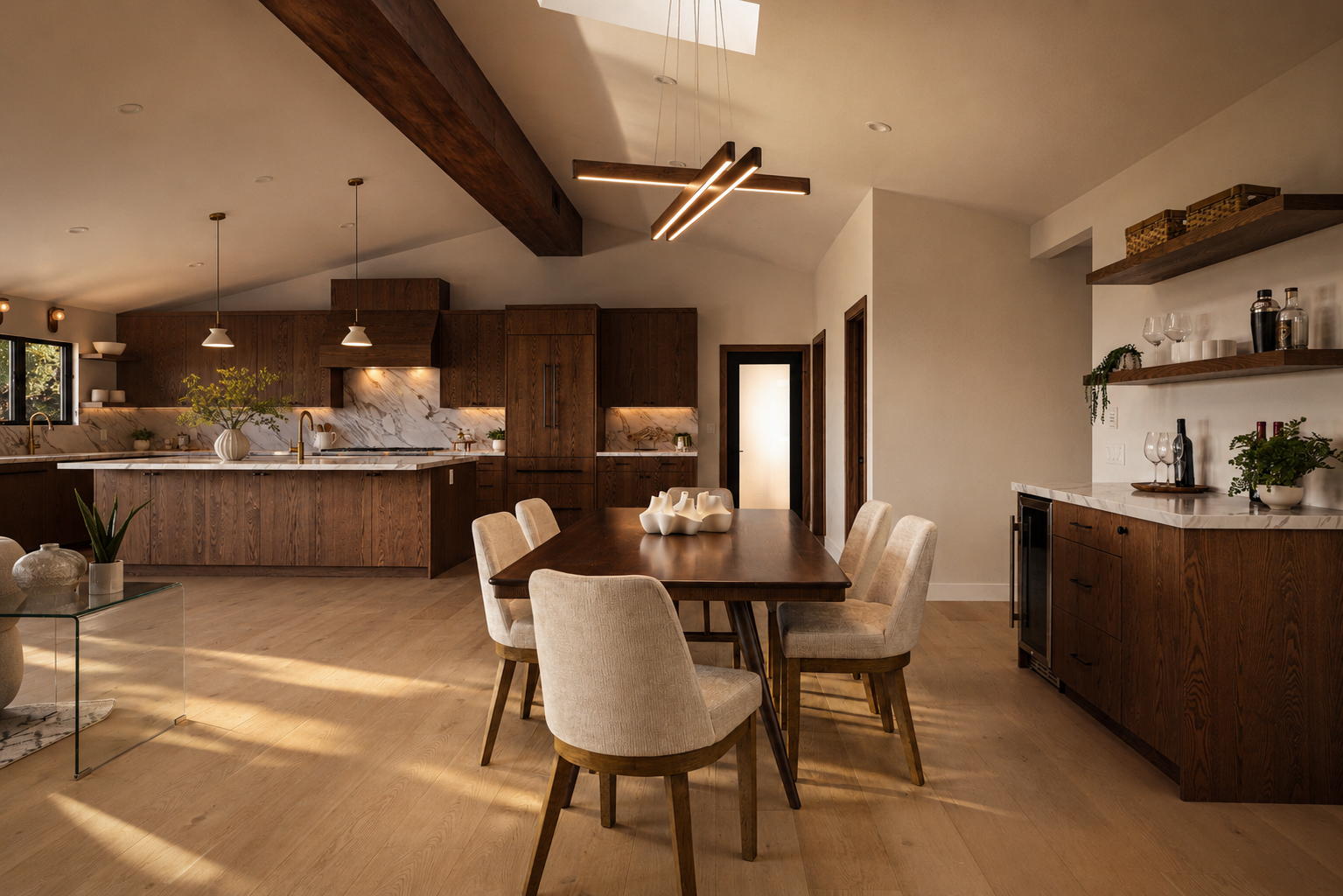 Dining room and kitchen composed in warm evening light