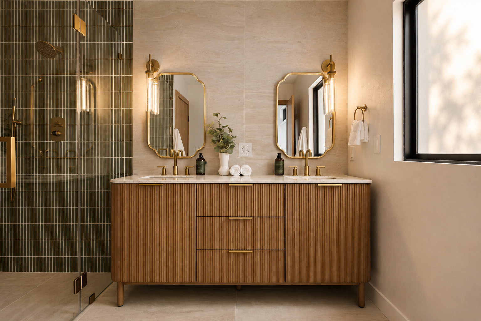 Refined primary bathroom with sculptural finishes