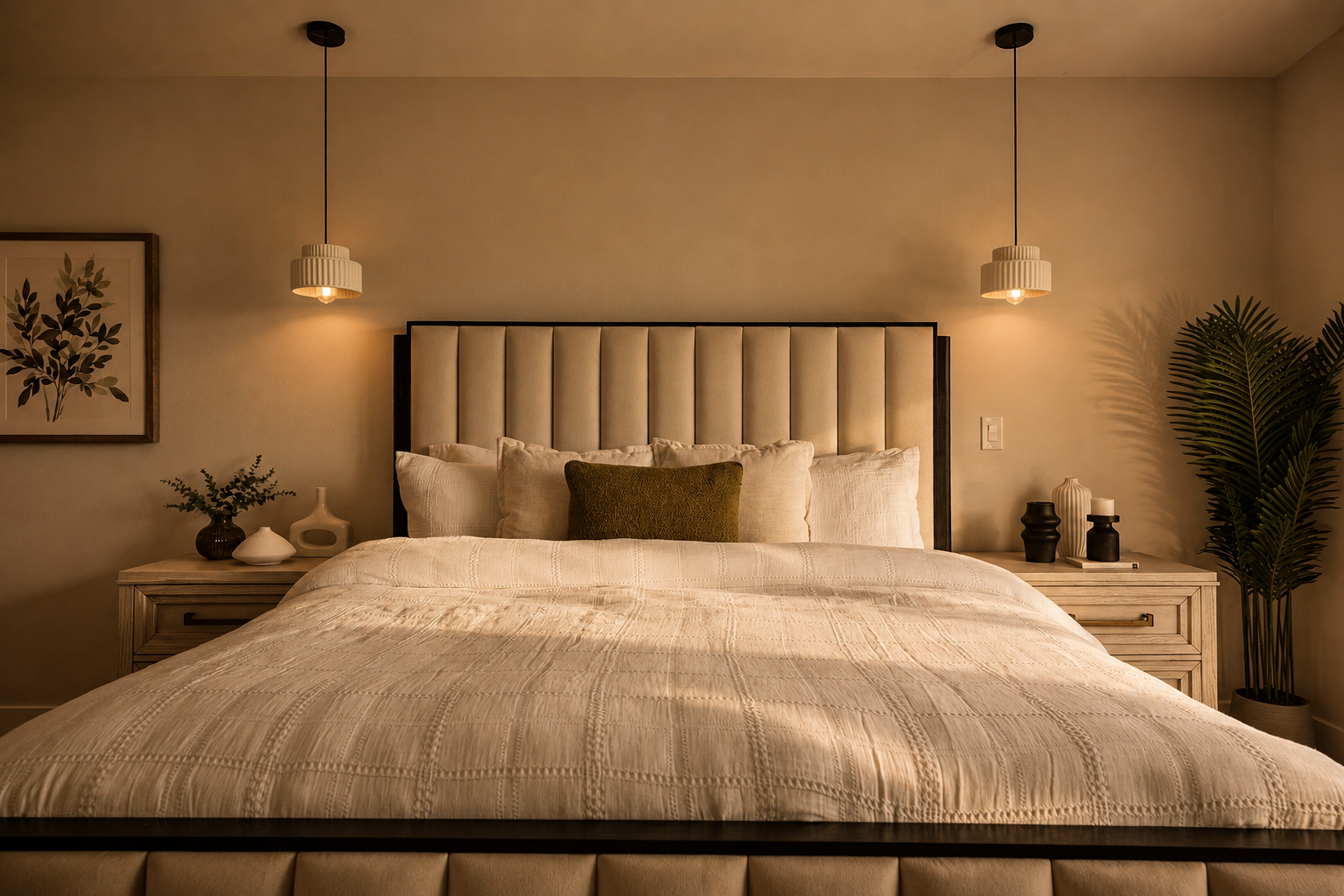 Warmly lit primary bedroom
