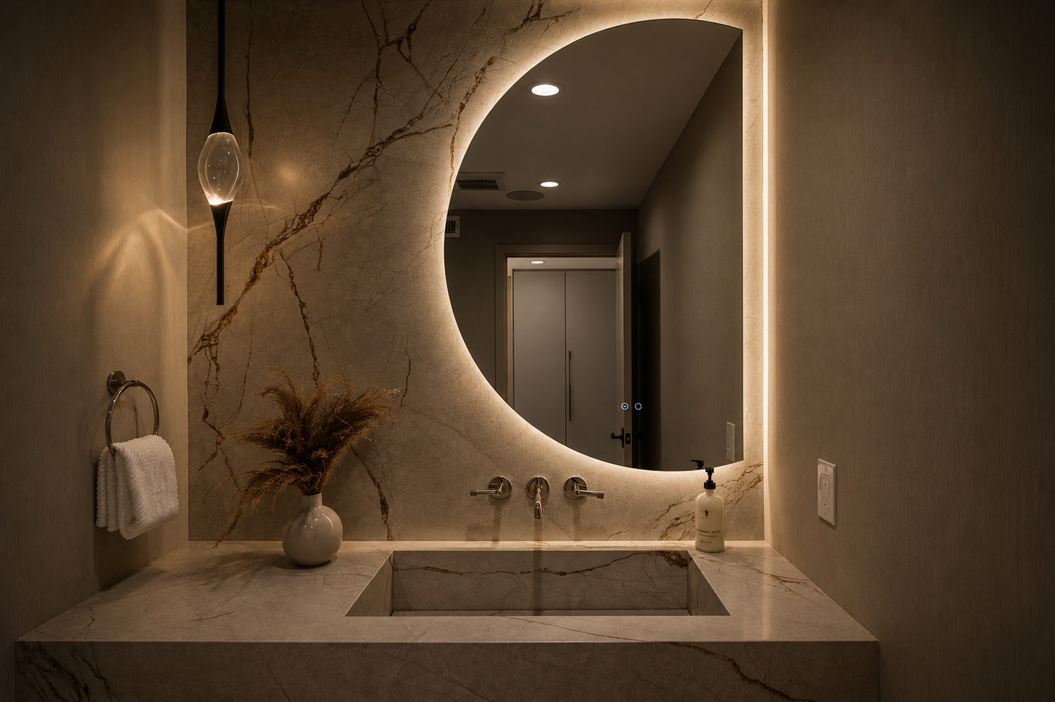 Warm bathroom with illuminated stone and mirror