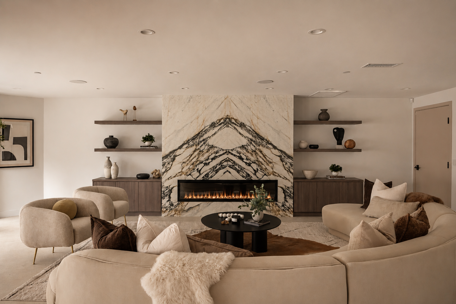 Warm living room with sculptural fireplace and refined styling