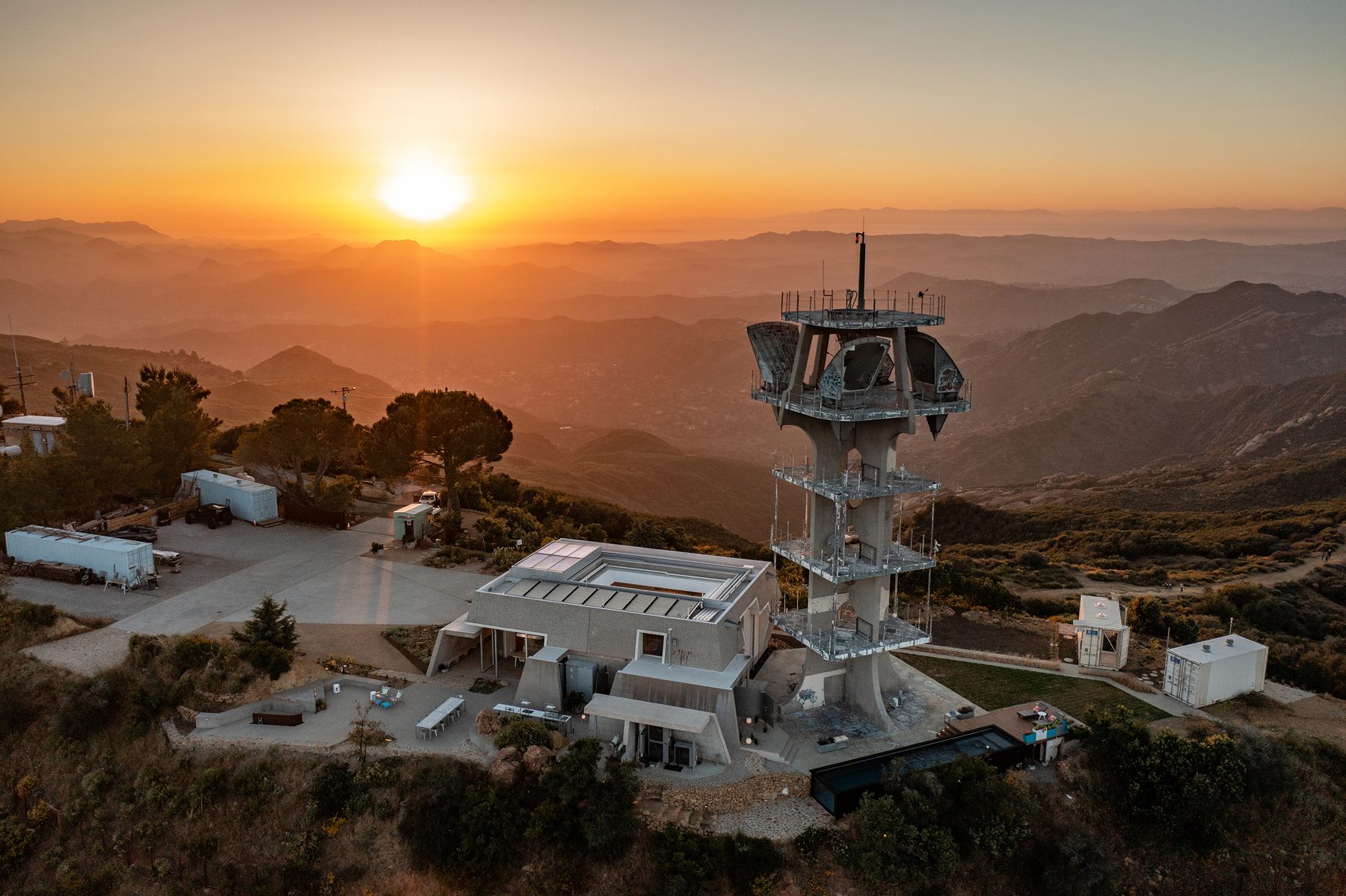 Topanga Tower and mountain landscape at sunset